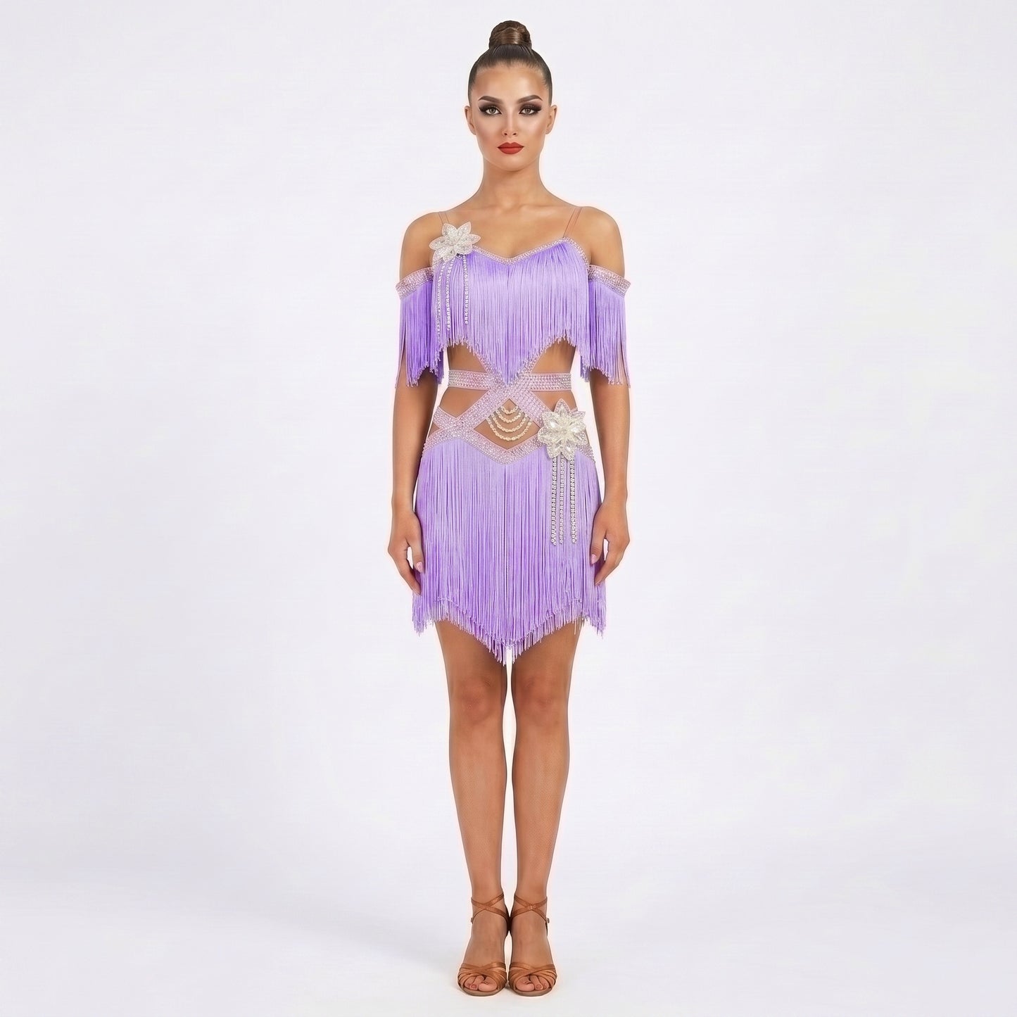 Custom Lavender Fringe Off Shoulder Latin Competition Dress
