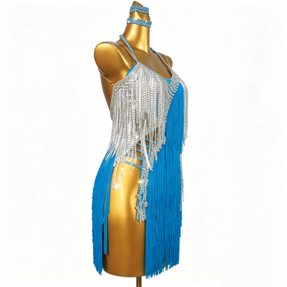 Custom Sky Blue Silver Lace Fringe Latin Competition Dress