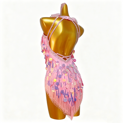 Custom Pink Iridescent Sequin Fringe Latin Competition Dress