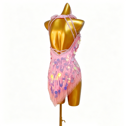 Custom Pink Iridescent Sequin Fringe Latin Competition Dress