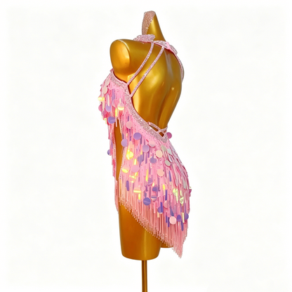 Custom Pink Iridescent Sequin Fringe Latin Competition Dress