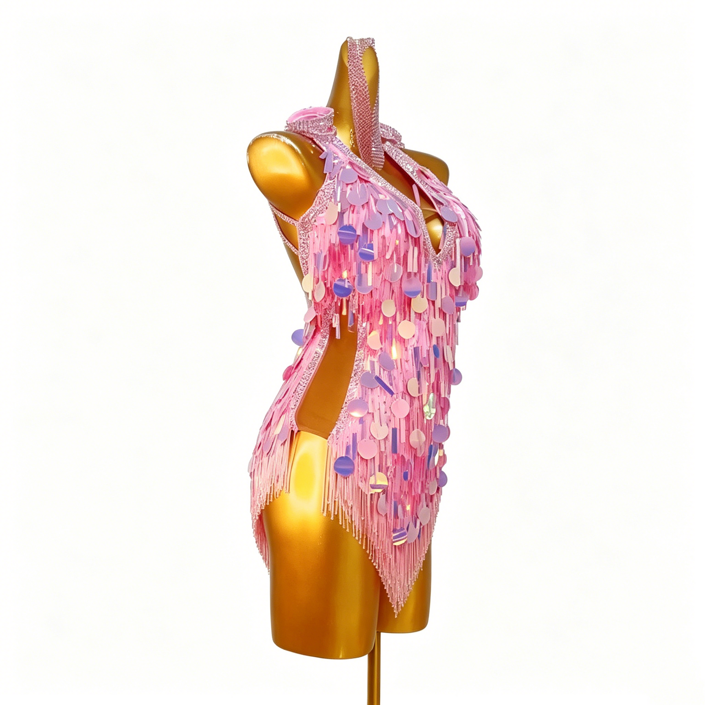 Custom Pink Iridescent Sequin Fringe Latin Competition Dress