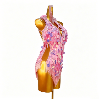 Custom Pink Iridescent Sequin Fringe Latin Competition Dress