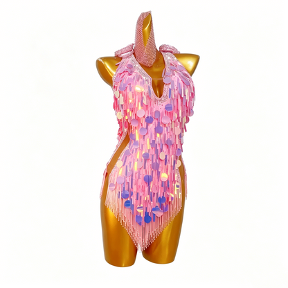 Custom Pink Iridescent Sequin Fringe Latin Competition Dress