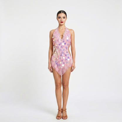 Custom Pink Iridescent Sequin Fringe Latin Competition Dress