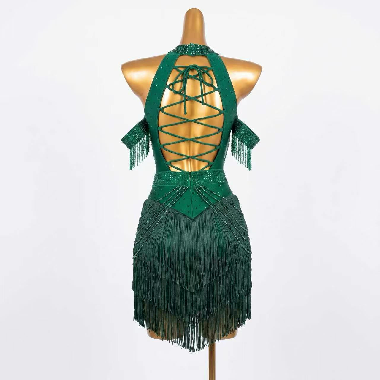 Custom Dark Green Halter Rhinestone Fringe Latin Competition Dress