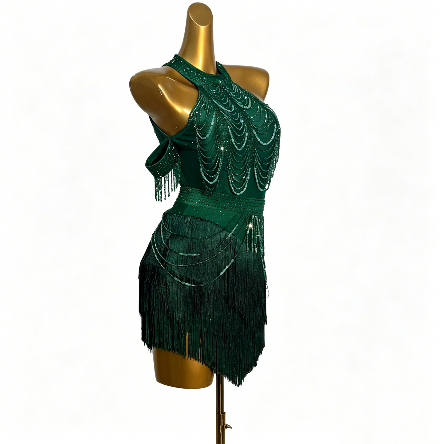 Custom Dark Green Halter Rhinestone Fringe Latin Competition Dress