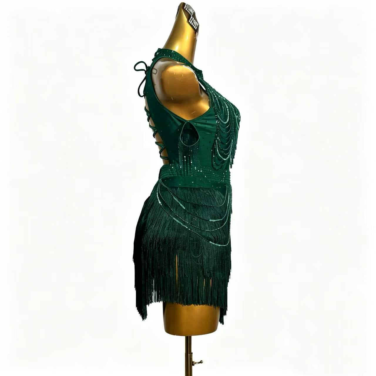 Custom Dark Green Halter Rhinestone Fringe Latin Competition Dress