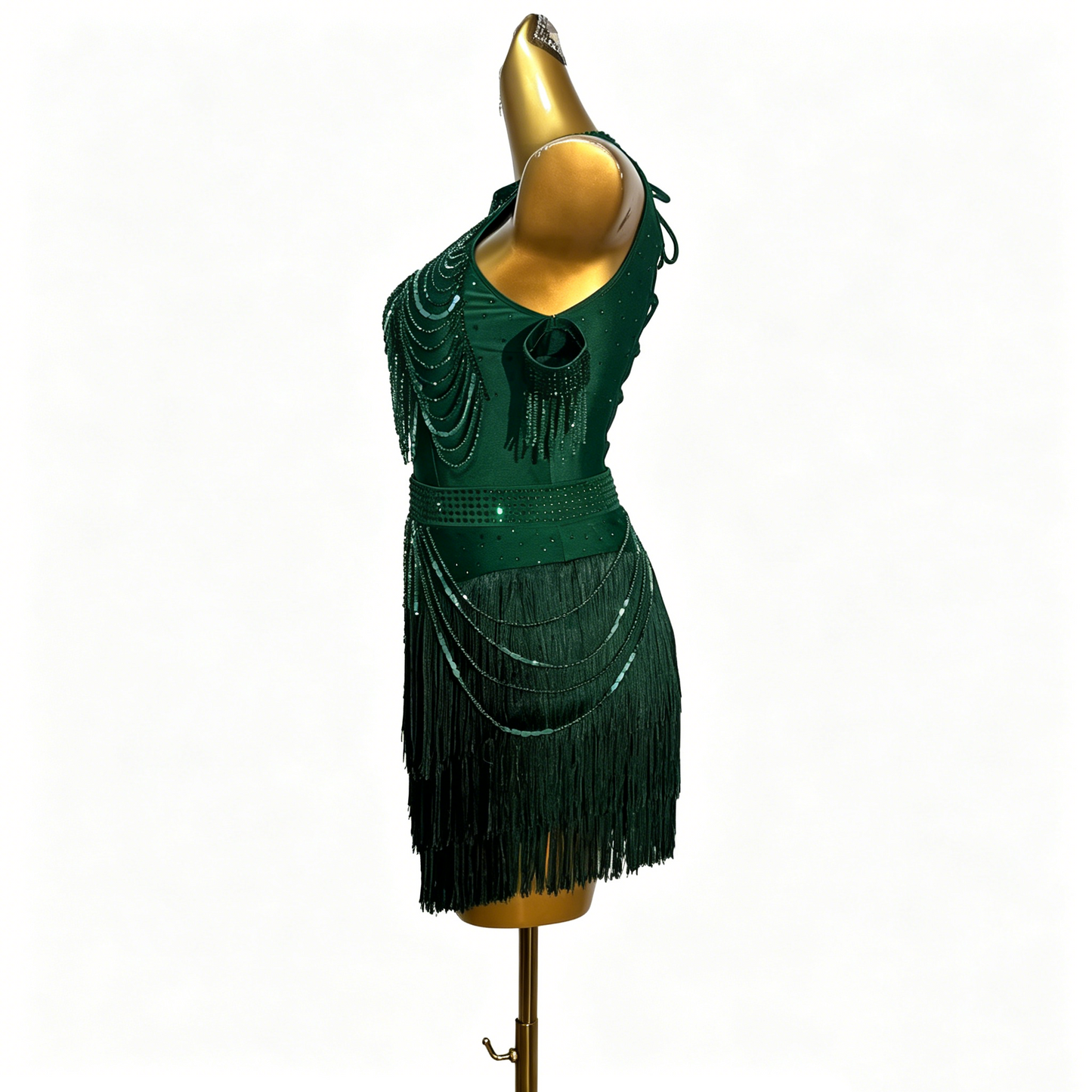 Custom Dark Green Halter Rhinestone Fringe Latin Competition Dress