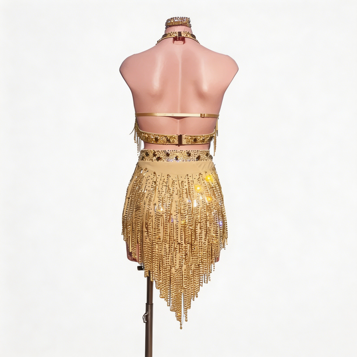 Custom Luxury Shimmer Gold Halter Rhinestone Fringe Latin Competition Dress