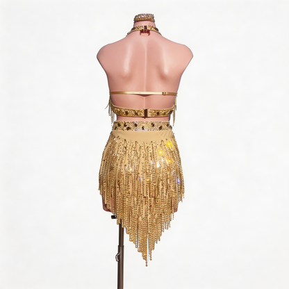 Custom Luxury Shimmer Gold Halter Rhinestone Fringe Latin Competition Dress