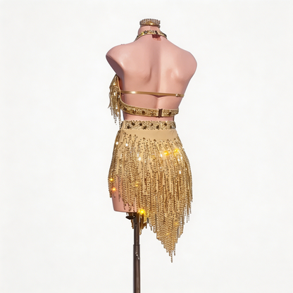 Custom Luxury Shimmer Gold Halter Rhinestone Fringe Latin Competition Dress