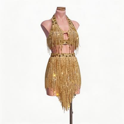 Custom Luxury Shimmer Gold Halter Rhinestone Fringe Latin Competition Dress