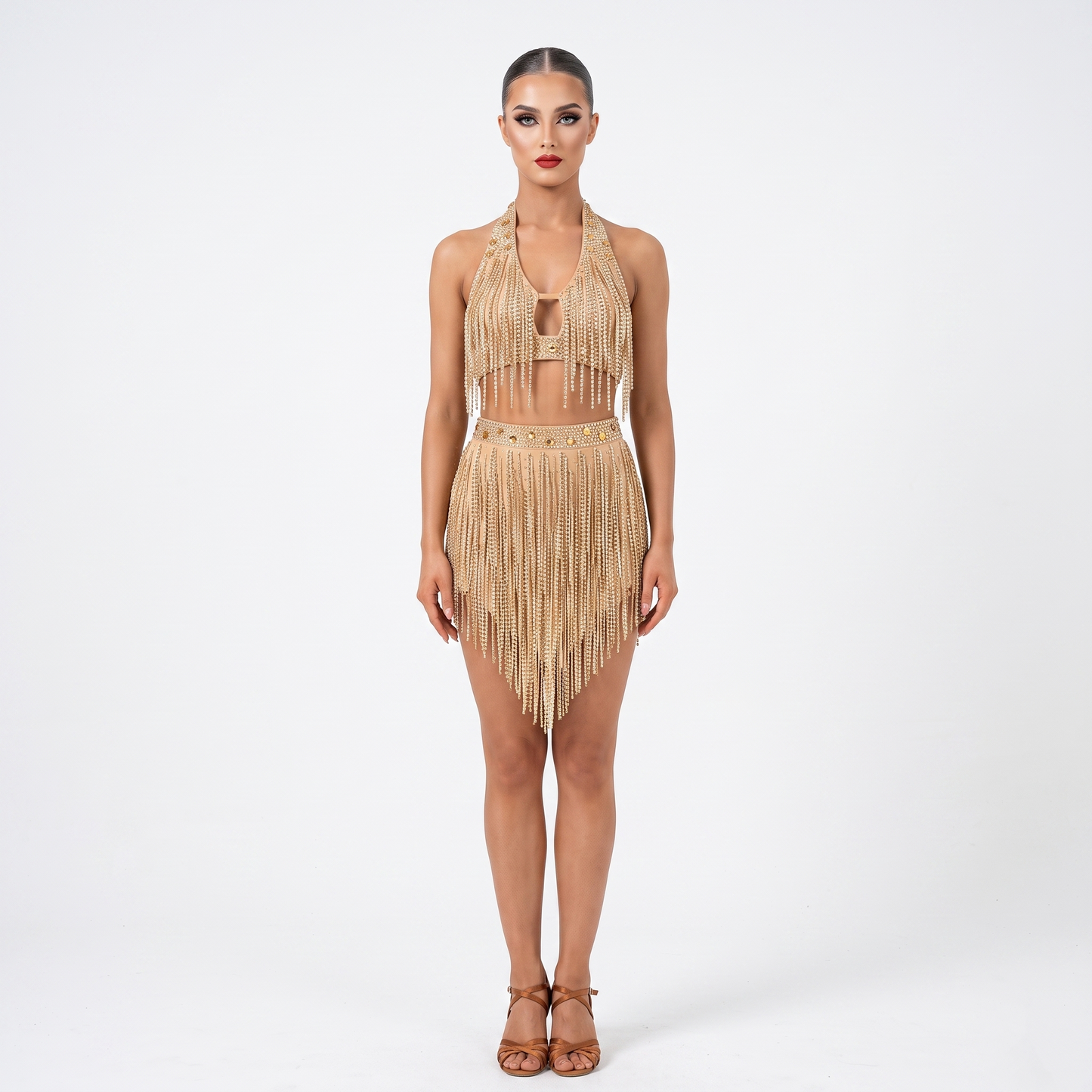 Custom Luxury Shimmer Gold Halter Rhinestone Fringe Latin Competition Dress