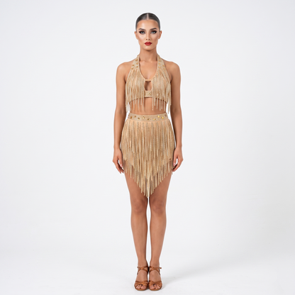 Custom Luxury Shimmer Gold Halter Rhinestone Fringe Latin Competition Dress