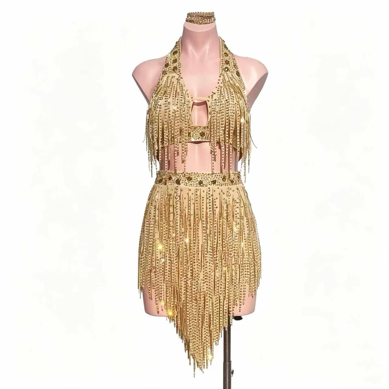 Custom Luxury Shimmer Gold Halter Rhinestone Fringe Latin Competition Dress