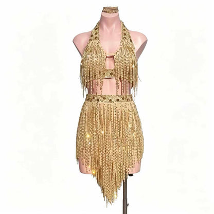 Custom Luxury Shimmer Gold Halter Rhinestone Fringe Latin Competition Dress