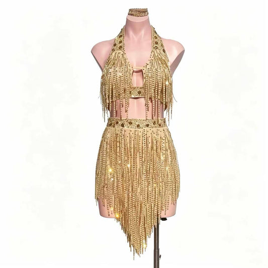 Custom Luxury Shimmer Gold Halter Rhinestone Fringe Latin Competition Dress