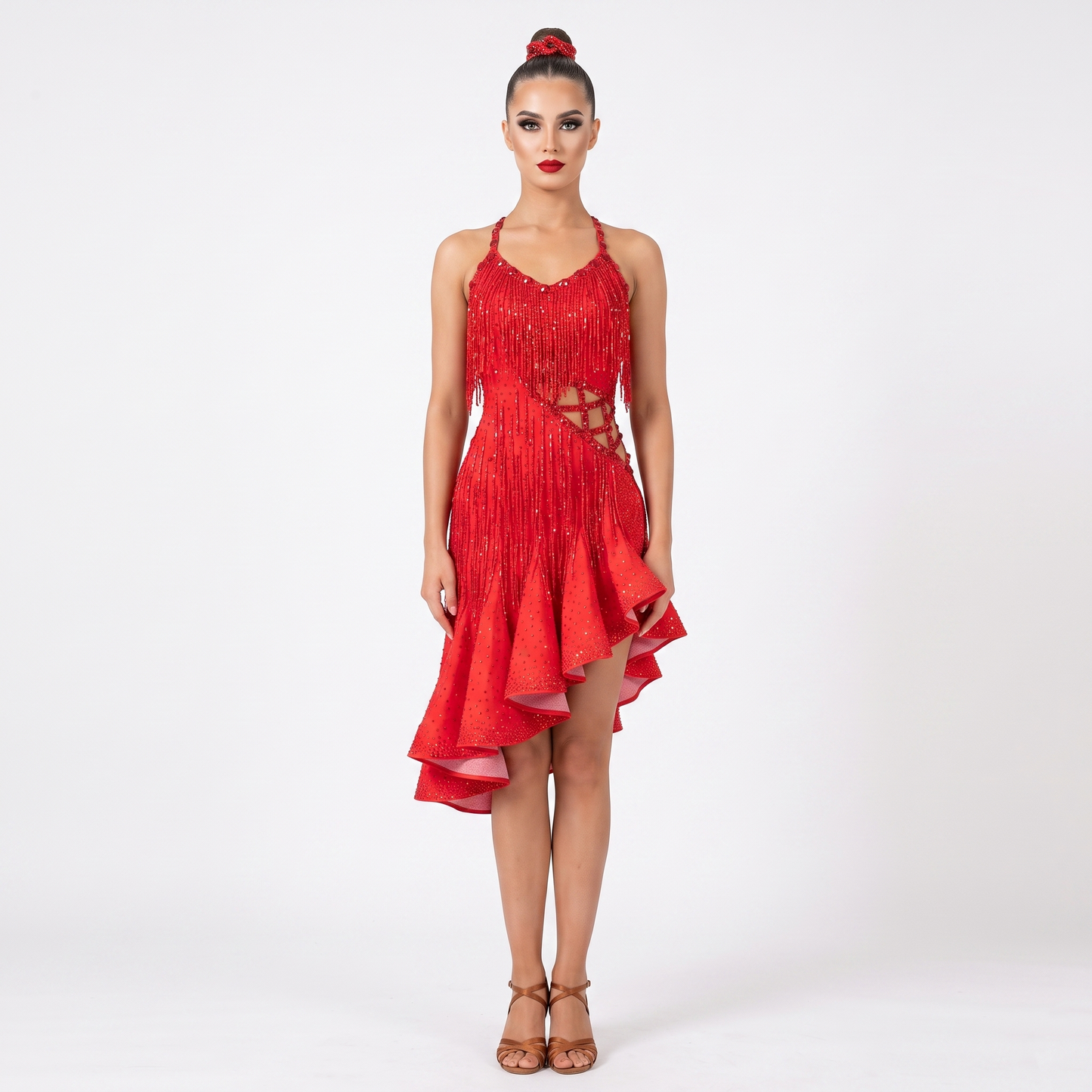 Custom Vivid Red Rhinestone Fringe Asymmetrical Ruffle Latin Competition Dress