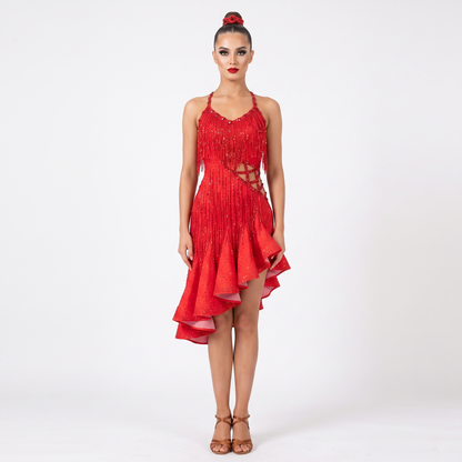 Custom Vivid Red Rhinestone Fringe Asymmetrical Ruffle Latin Competition Dress