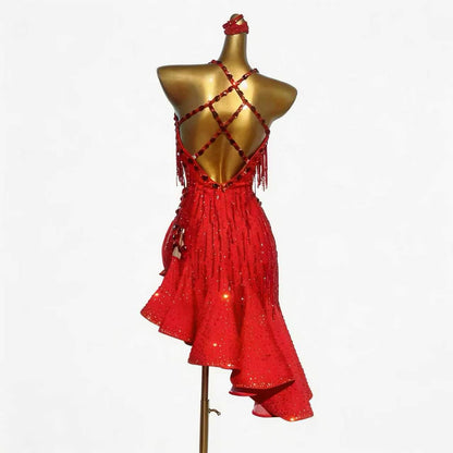 Custom Vivid Red Rhinestone Fringe Asymmetrical Ruffle Latin Competition Dress