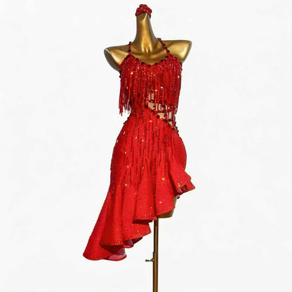 Custom Vivid Red Rhinestone Fringe Asymmetrical Ruffle Latin Competition Dress