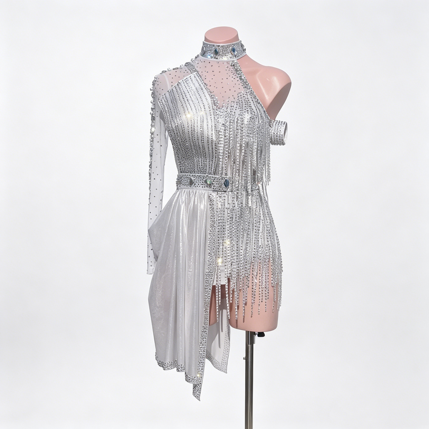 Custom Glistening Silver One Sleeve High Neck Fringe Latin Competition Dress