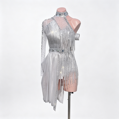 Custom Glistening Silver One Sleeve High Neck Fringe Latin Competition Dress