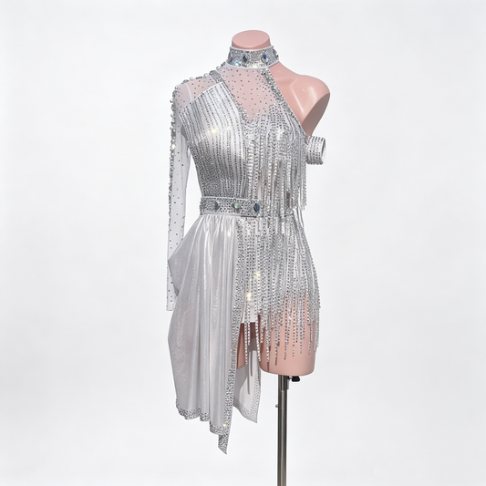Custom Glistening Silver One Sleeve High Neck Fringe Latin Competition Dress