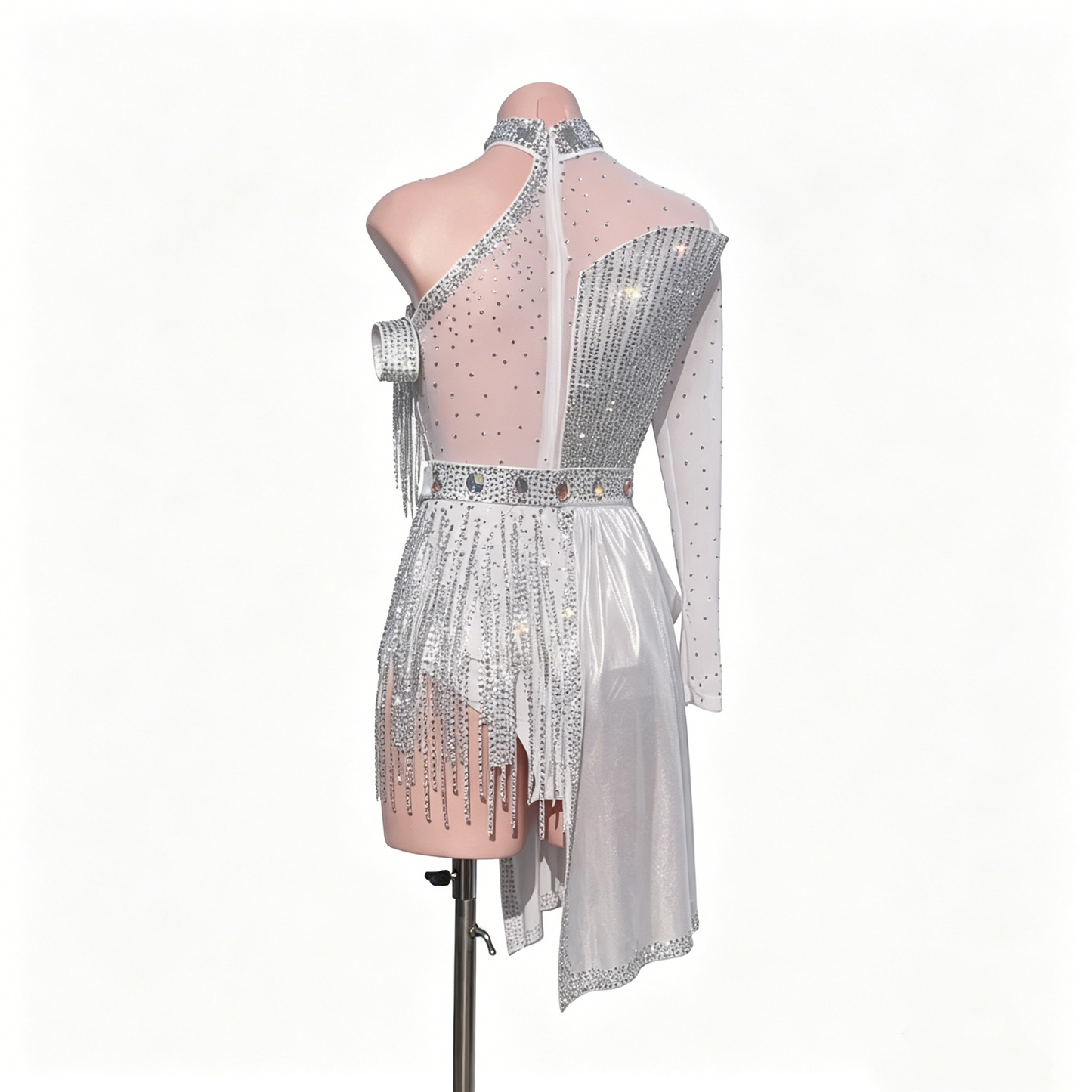 Custom Glistening Silver One Sleeve High Neck Fringe Latin Competition Dress