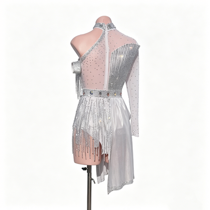 Custom Glistening Silver One Sleeve High Neck Fringe Latin Competition Dress