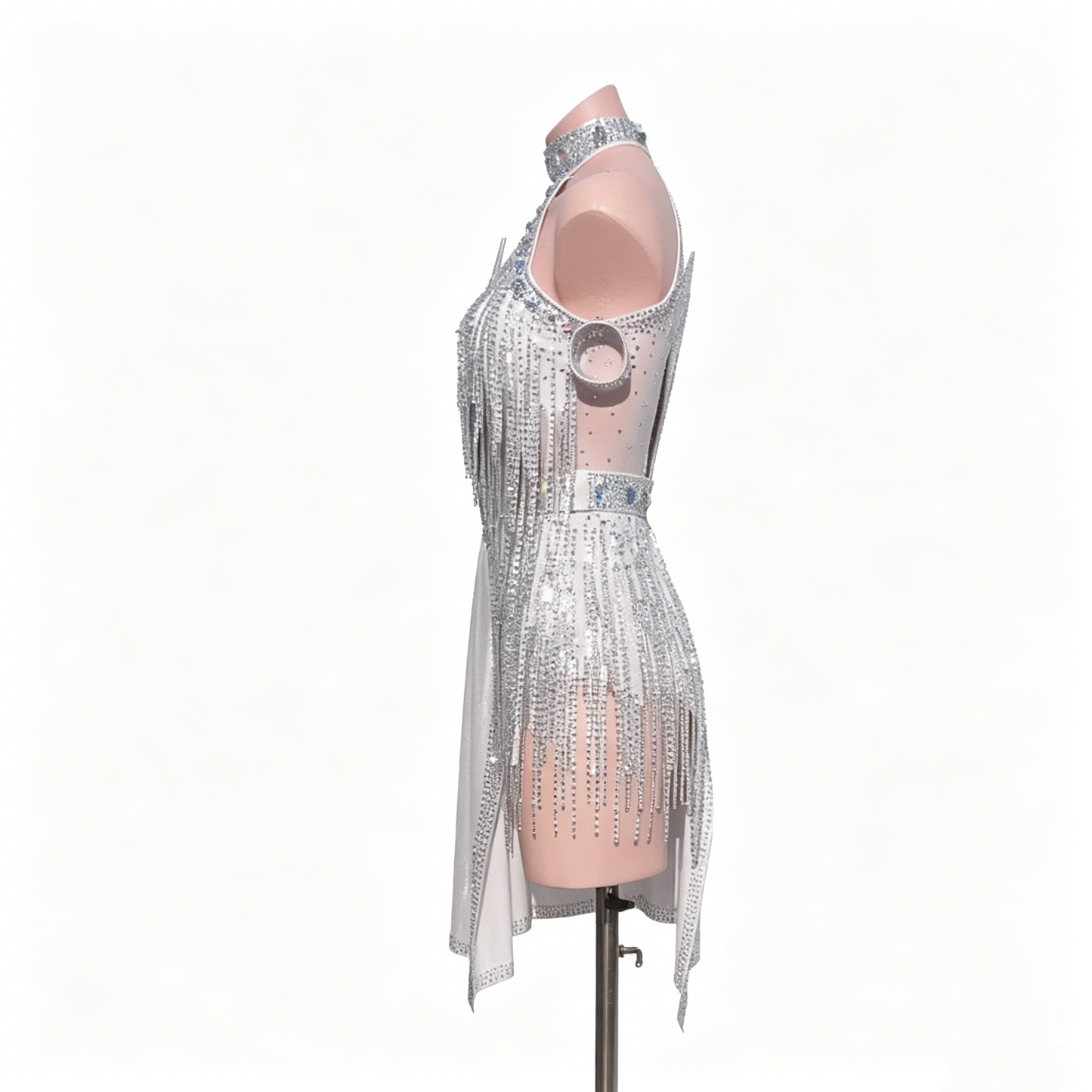 Custom Glistening Silver One Sleeve High Neck Fringe Latin Competition Dress