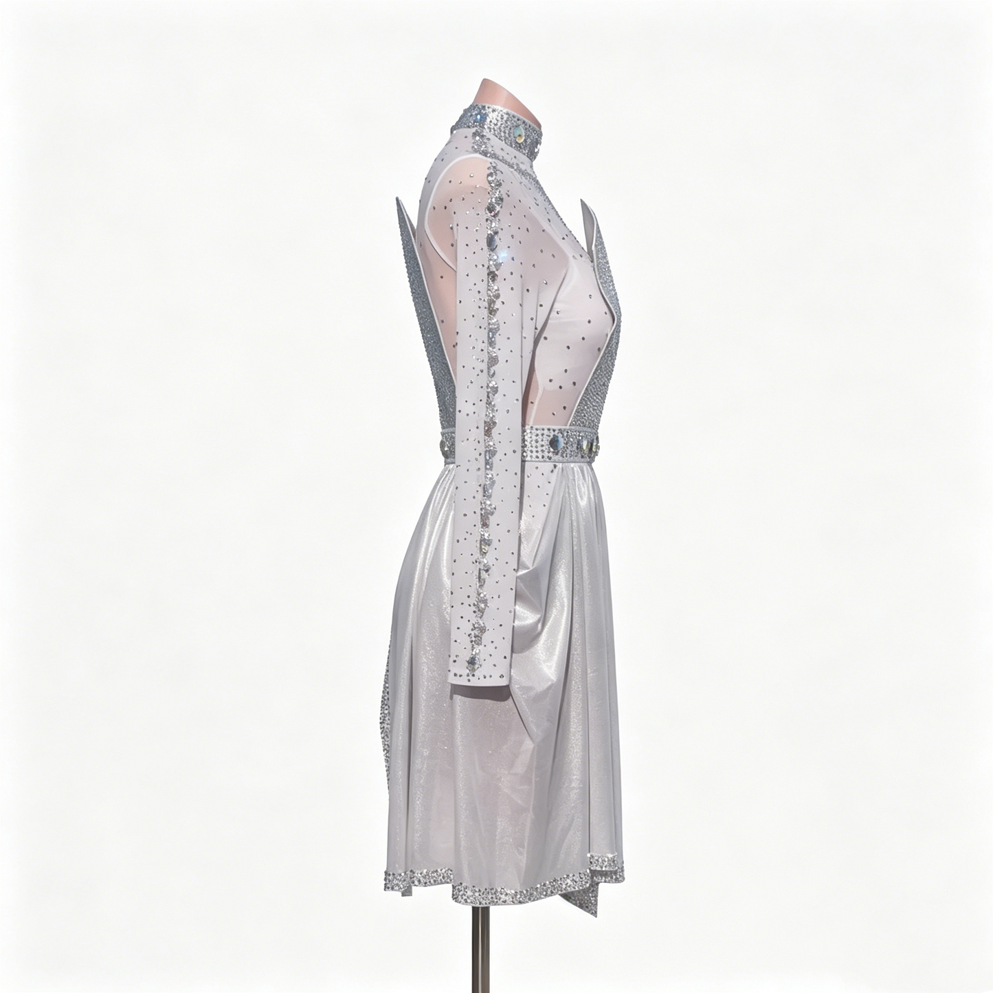 Custom Glistening Silver One Sleeve High Neck Fringe Latin Competition Dress