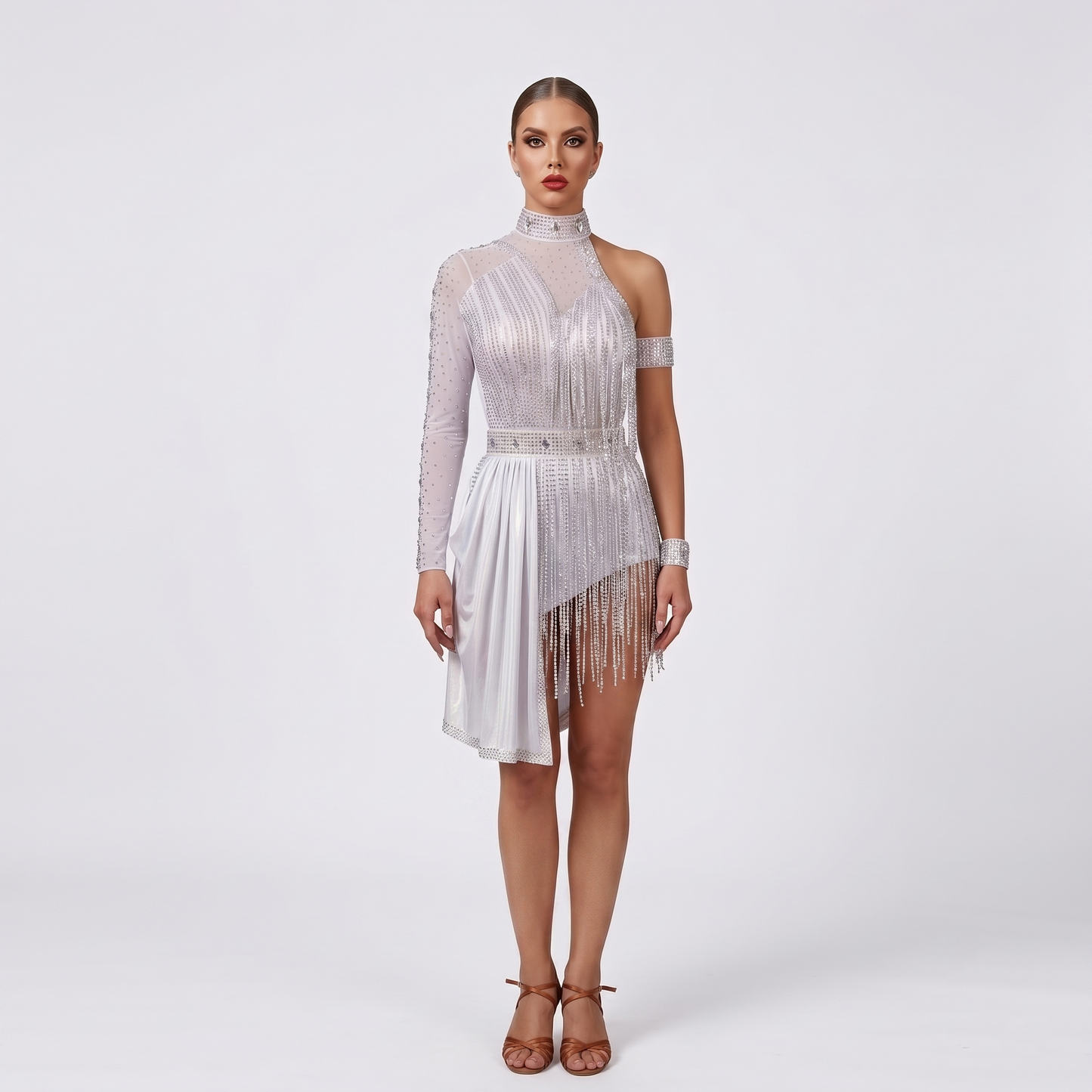 Custom Glistening Silver One Sleeve High Neck Fringe Latin Competition Dress