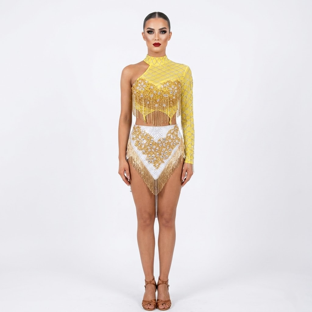 Custom Radiant Yellow One Sleeve Fringe Latin Competition Dress