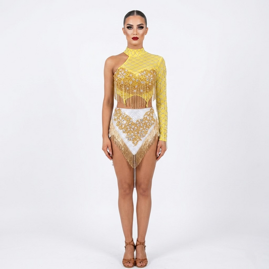 Custom Radiant Yellow One Sleeve Fringe Latin Competition Dress