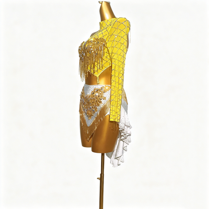 Custom Radiant Yellow One Sleeve Fringe Latin Competition Dress