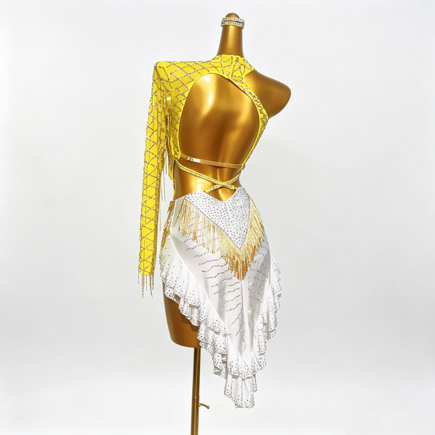 Custom Radiant Yellow One Sleeve Fringe Latin Competition Dress