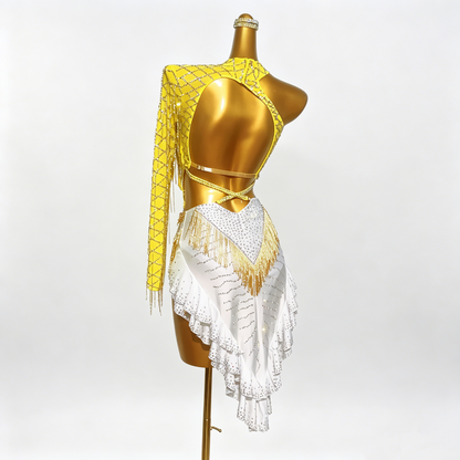 Custom Radiant Yellow One Sleeve Fringe Latin Competition Dress
