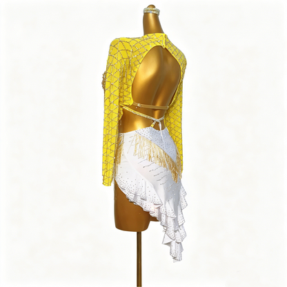 Custom Radiant Yellow One Sleeve Fringe Latin Competition Dress