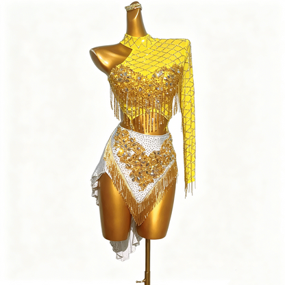Custom Radiant Yellow One Sleeve Fringe Latin Competition Dress