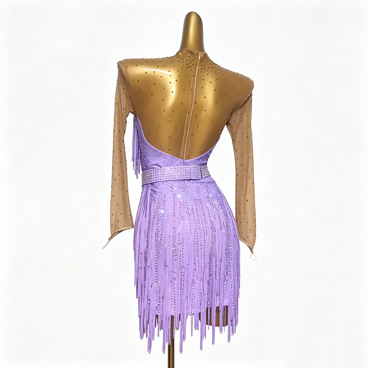 Custom Light Lavender Long Sleeve Mesh Cut Out Fringe Latin Competition Dress