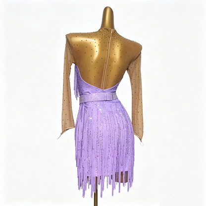 Custom Light Lavender Long Sleeve Mesh Cut Out Fringe Latin Competition Dress