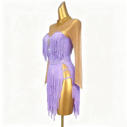 Custom Light Lavender Long Sleeve Mesh Cut Out Fringe Latin Competition Dress