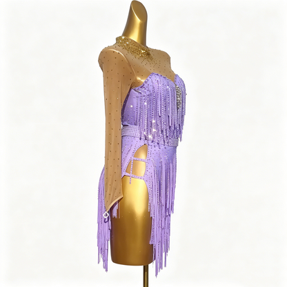 Custom Light Lavender Long Sleeve Mesh Cut Out Fringe Latin Competition Dress