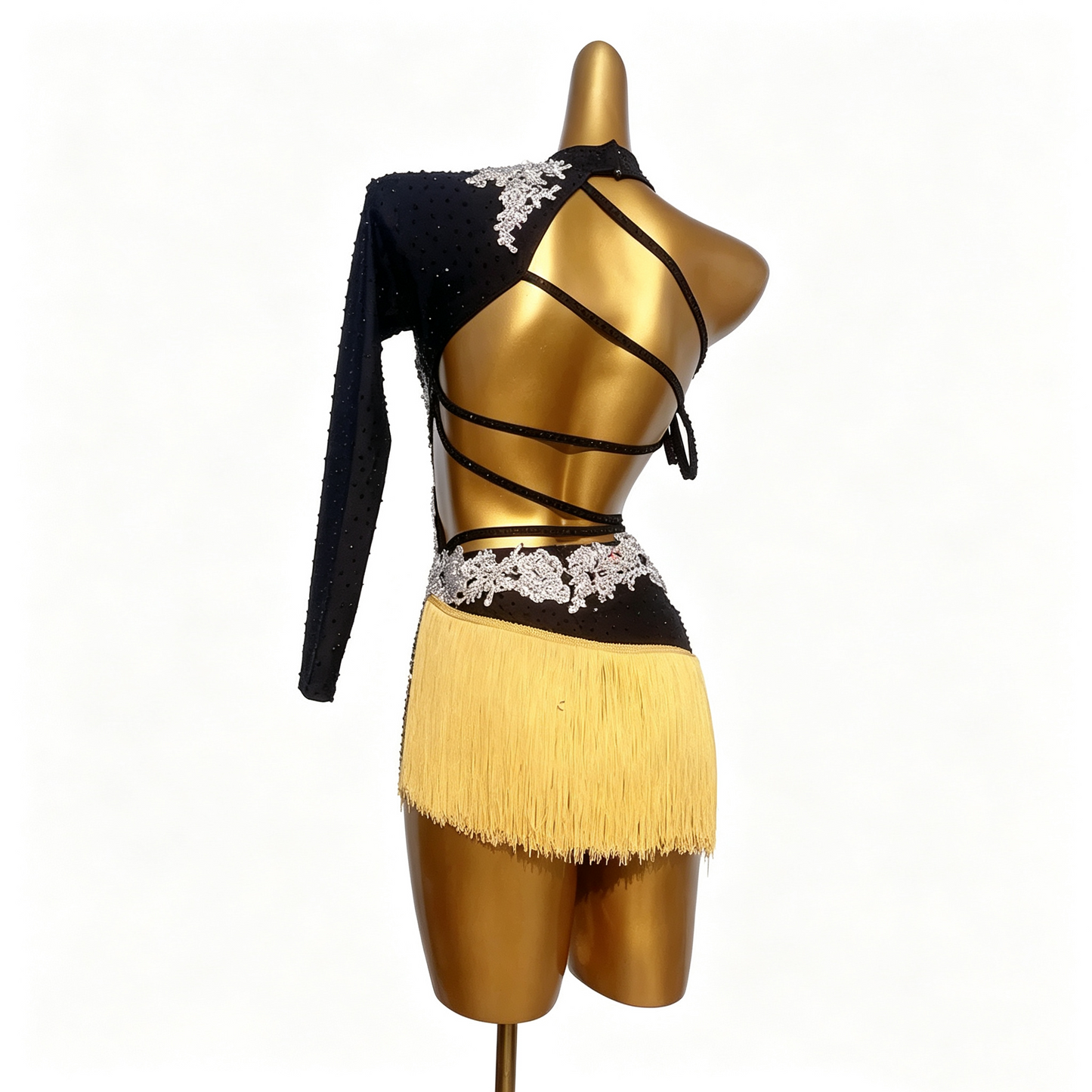 Custom Black Silver Lace One Sleeve Cutout Gold Fringe Latin Competition Dress