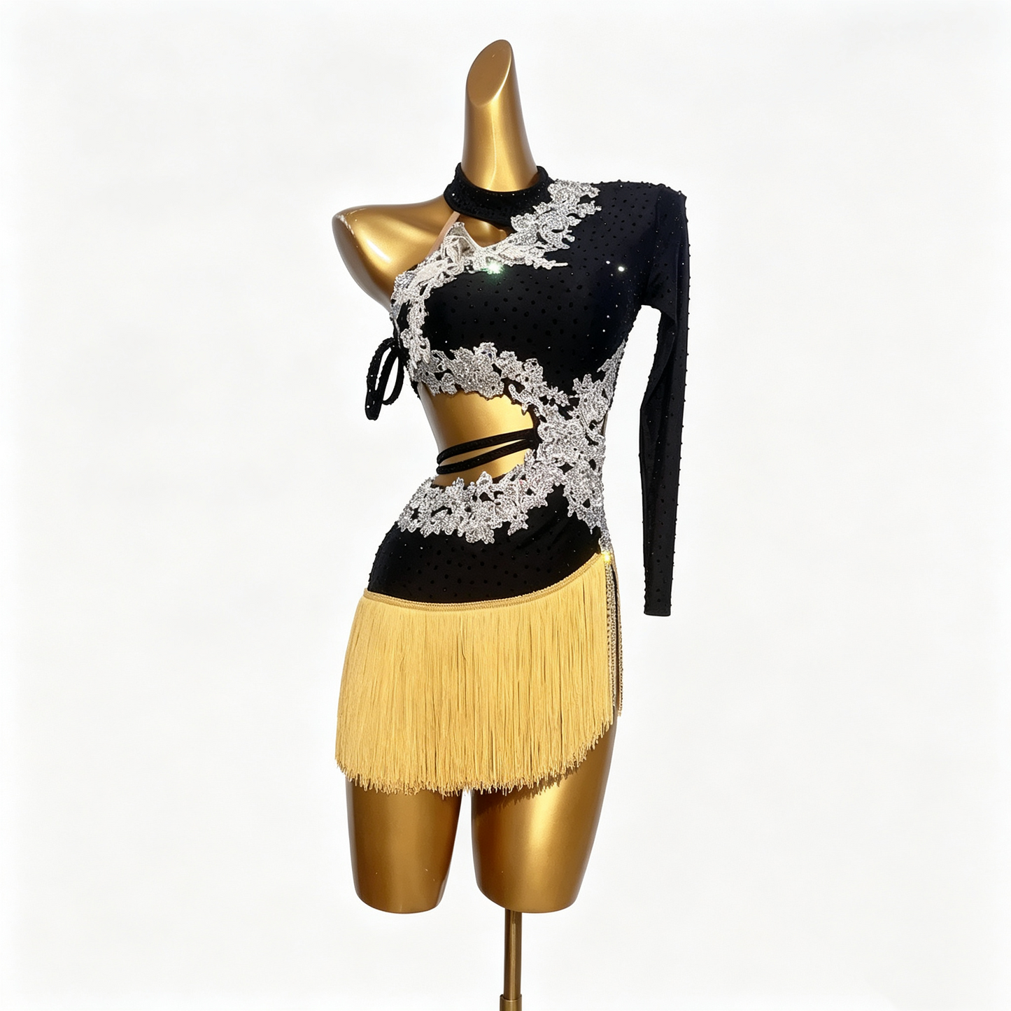 Custom Black Silver Lace One Sleeve Cutout Gold Fringe Latin Competition Dress
