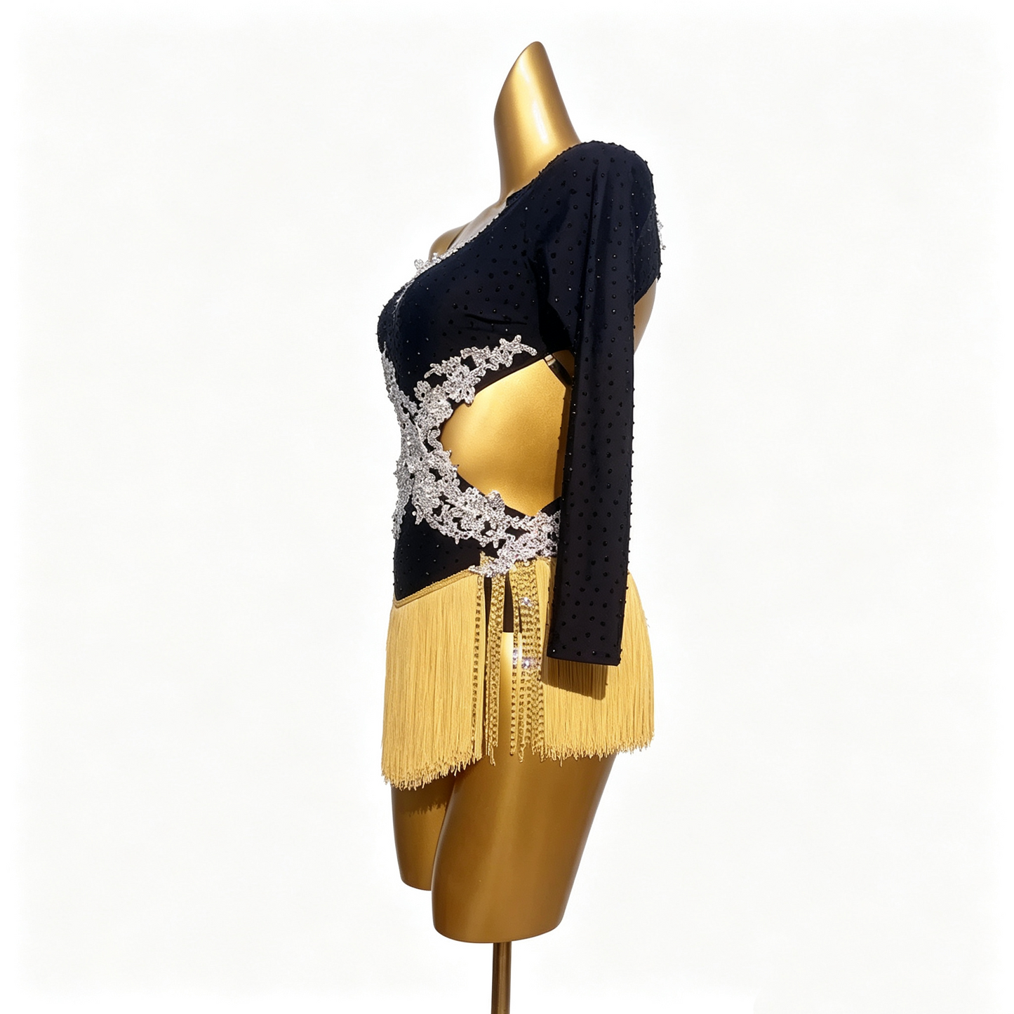 Custom Black Silver Lace One Sleeve Cutout Gold Fringe Latin Competition Dress
