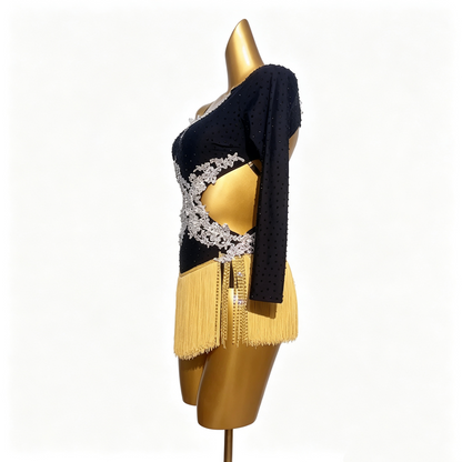 Custom Black Silver Lace One Sleeve Cutout Gold Fringe Latin Competition Dress
