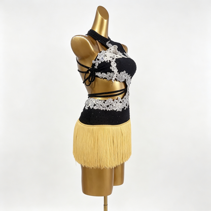 Custom Black Silver Lace One Sleeve Cutout Gold Fringe Latin Competition Dress